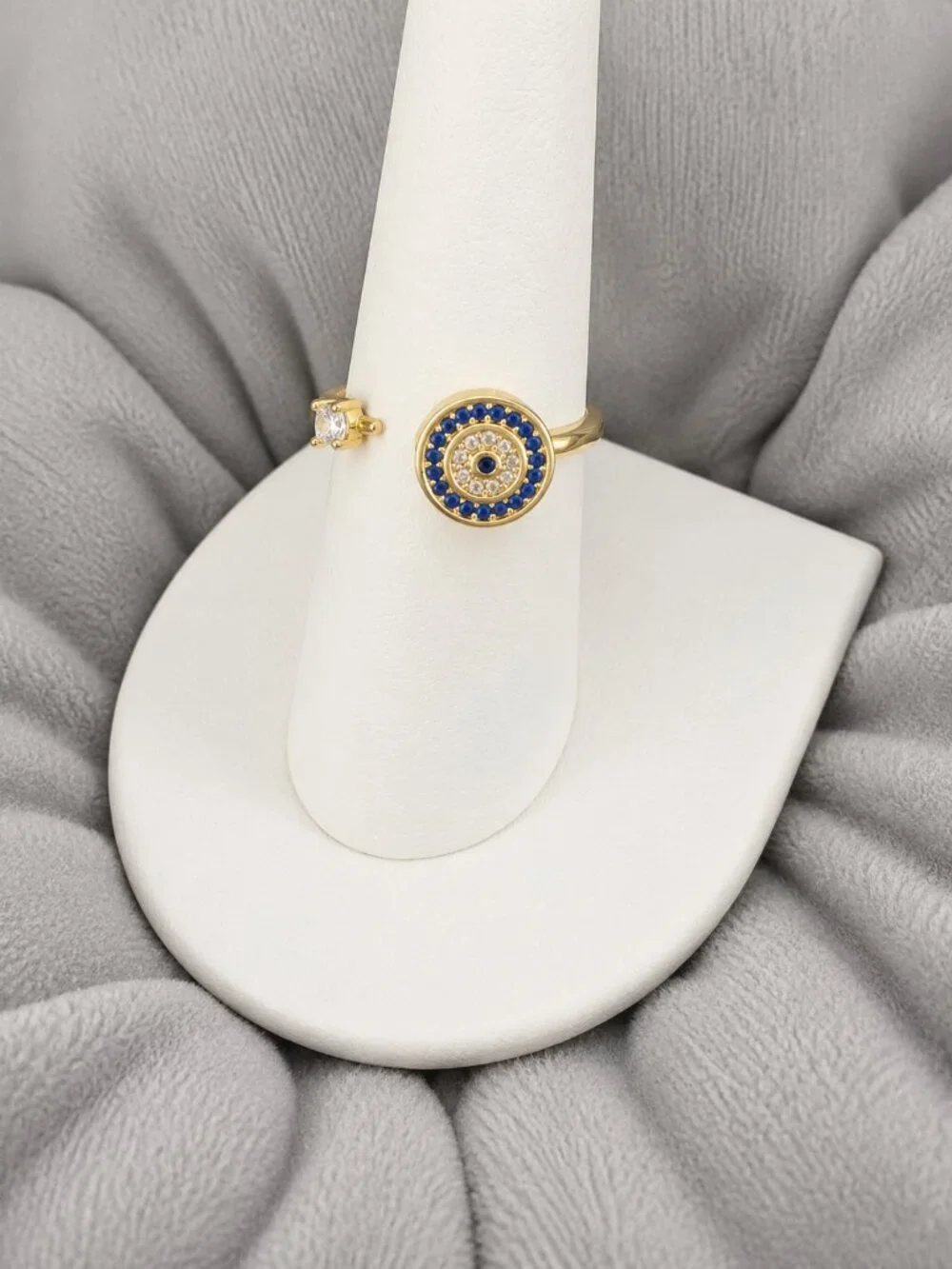 S925 Sterling Silver 14K Yellow Gold Plated Evil Eye Ring | Adjustable Blue CZ R